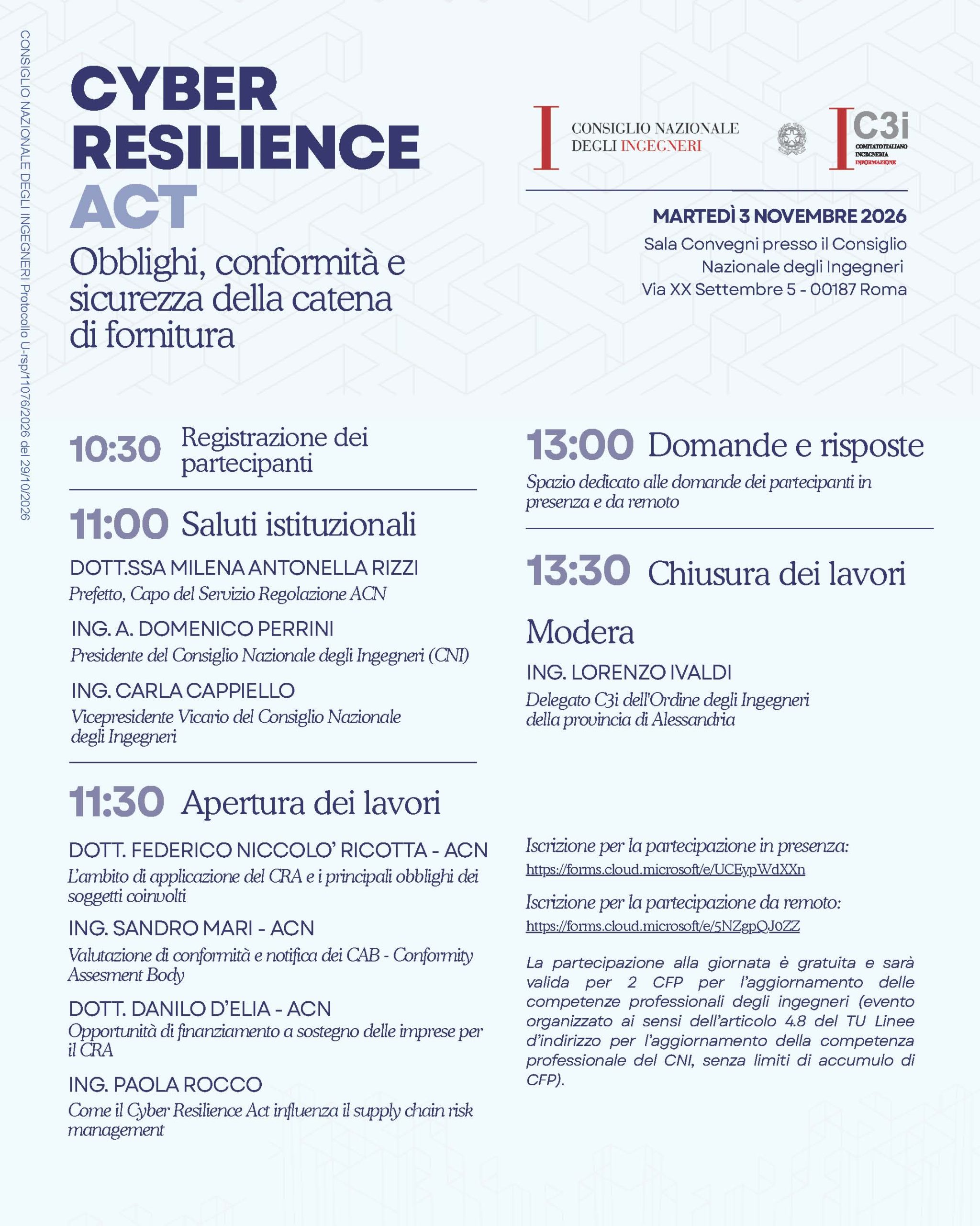 Convegno CNI con CFP partecipazione gratuita anche da remoto “Cyber Resilience Act – Obblighi, conformità e sicurezza della catena di fornitura” – Roma, 3 novembre 2026